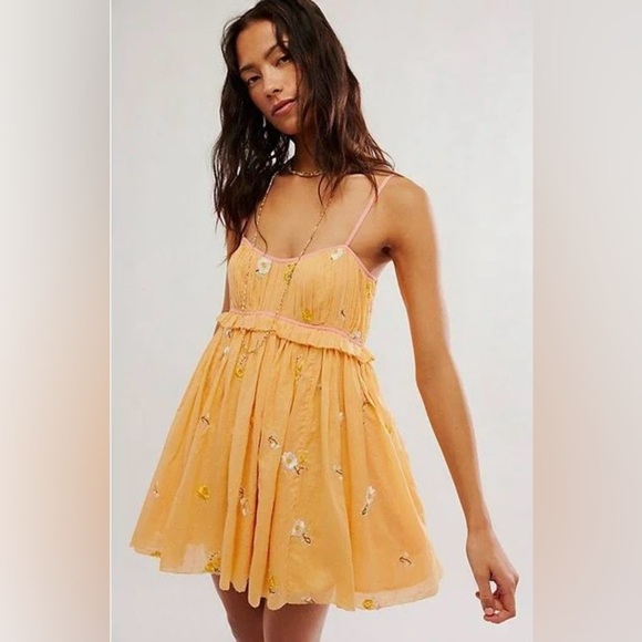 Free People Alana Babydoll Floral Apricot Peach Mini Strappy Sundress Dress - Picture 12 of 17